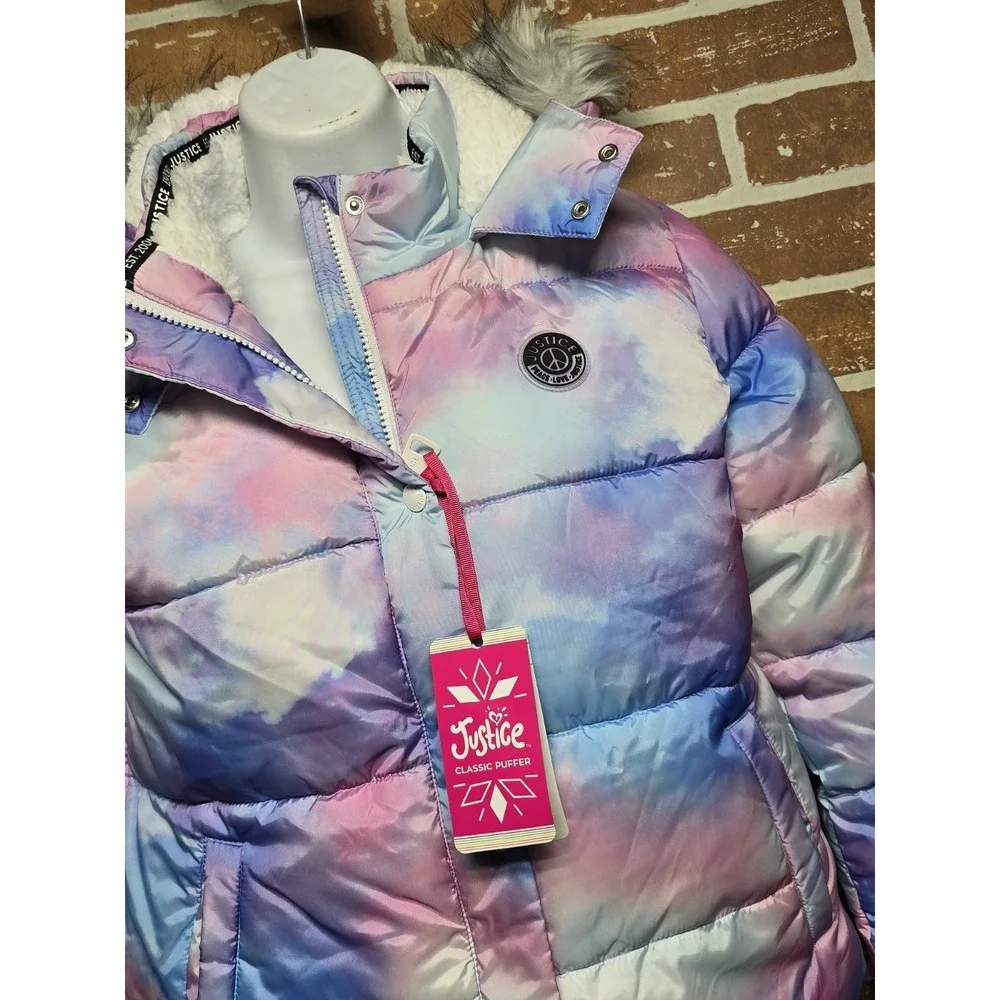 Justice Girls Puffer Jacket with Faux Fur Lined Hood Size L 12/14 Rainbow Pastel